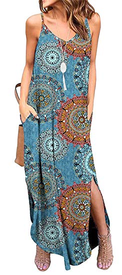 Sleeveless Strappy Cami Maxi Long Dress V Neck with Pockets Casual Beach Skirt Cover Up Slits