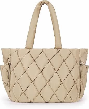 BAGSMART Tote Bag for Women, Quilted Puffer Tote Bag with Compartments, Shoulder Handbag Work Bag with Zipper for Travel