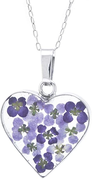 Sterling Silver Pressed Flower Heart Pendant Necklace