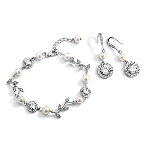 Mariell Silver Vine & Ivory Pearl CZ Bridal Bracelet & Earrings Set - Wedding Jewelry for Bridesmaids
