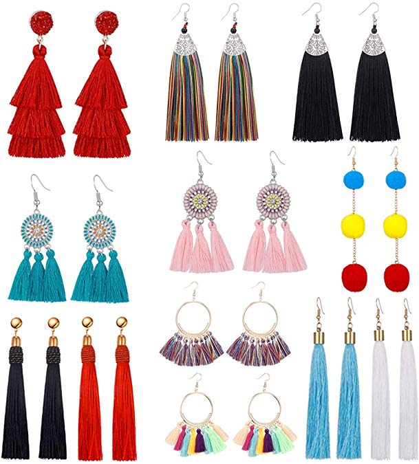 AIDSOTOU 6-12 Pairs Tassel Drop Dangle Earrings for Girls Women Colorful Long Layered Bohemian Tiered Thread Big Fringe Earring Red Pink Hoop Stud Earrings Set Fashion Jewelry Valentine Birthday Gift