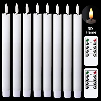 GenSwin Flameless Flickering Taper Candles with 2 Remote Controls and Timer, Real Wax 3D Wick Light Window Candles Battery Operated Pack of 8, Christmas Home Wedding Decor(White, 0.78 X 9.64 Inch)