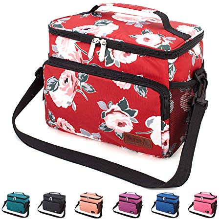 Leakproof Reusable Insulated Cooler Lunch Bag - Office Work Picnic Hiking Beach Lunch Box Organizer with Adjustable Shoulder Strap for Women,Men-Red Flower