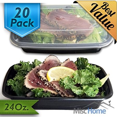 [20 Pack] 24 Oz. Meal Prep Containers BPA Free Plastic Reusable Food Storage Container Microwave & Dishwasher Safe w/ Airtight Lid For Portion Control & Bento Box Lunch Box