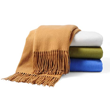 CUDDLE DREAMS Premium Cashmere Throw Blanket with Fringe, Luxuriously Soft (Camel)