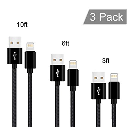 Lightning Cable,Auideas [3-Pack] iPhone Charger to USB Syncing and Charging Cable Data Nylon Braided Cord Charger for iPhone 8/8 Plus7/7 Plus/6/6 Plus/6s/6s Plus/5/5s/5c/SE Black.