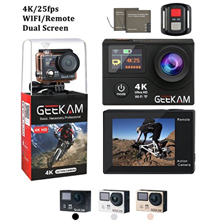 Action Camera 4K 25Fps HD Sport Action Camera Cam with Remote Dual Screen Wifi 170° Wide Angle Two 1050 mAh Batteries 19 Mounting Kits Waterproof Case for Bicycle Motorcycle Ski Diving Snorkeling