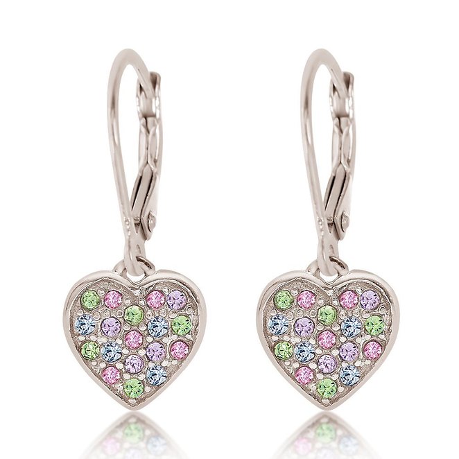 925 Sterling Silver with a White Gold Tone Mixed Colored Crystal Heart Leverback Children's Earrings