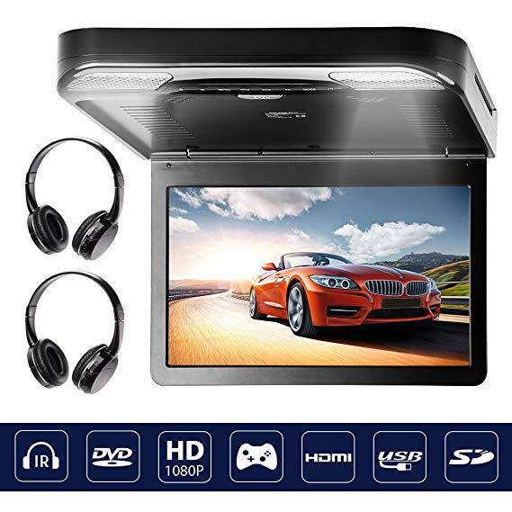 Flip Down DVD Player Video Monitor for Car SUV with HDMI USB SD IR Wireless Headphones 13.3 inch 1080P Black