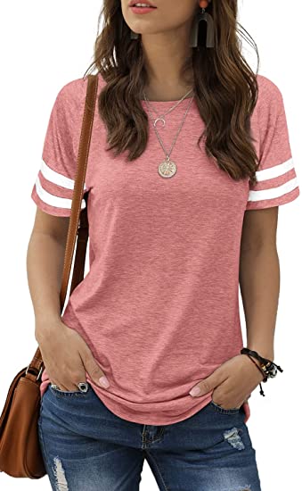 Sieanear Womens T Shirts Short Sleeve Striped Color Block Leopard Casual Tops