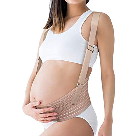 ONTWIE Maternity Belt 2 in 1 Adjustable Pregnancy Support Postpartum Abdomen- Waist/Back / Abdomen Band, Belly Brace with Baldric (Beige)