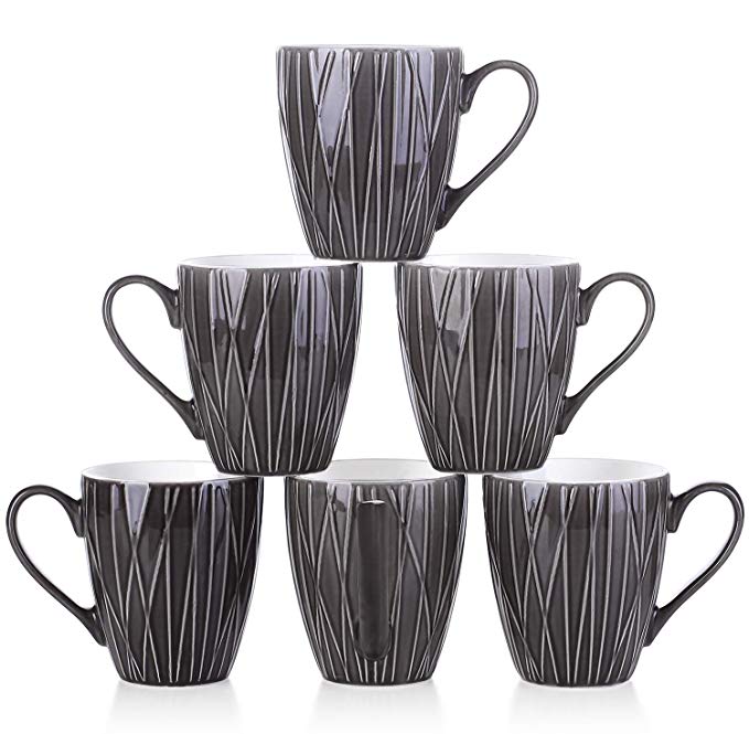 DOWAN Coffee Mugs, 14 Ounces Broad Handle Tea Mugs, Non Slip, Set of 6, Ceramic, Dark Gray