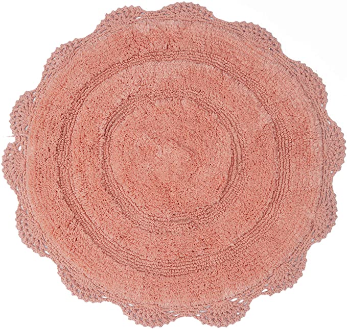 Chardin Home - 100% Pure Cotton - Crochet Round Bath Rug, 24'' Round Mat, Pink, with Latex Spray Non-Skid Backing.
