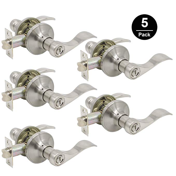 Gobrico Interior Privacy Handle Door Lockset Bed and Bath Leverset 5Pack Satin Nickle Finished
