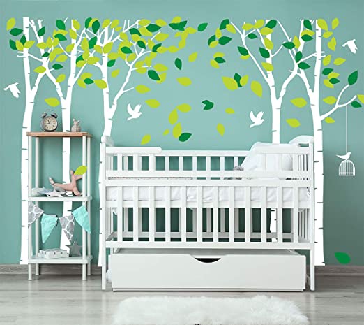 LUCKKYY Large Five Family Trees with Birds and Birdcage Tree Wall Decal Tree Wall Sticker Kids Room Nursery Bedroom Living Room Decoration (103.9x70.9) (White)