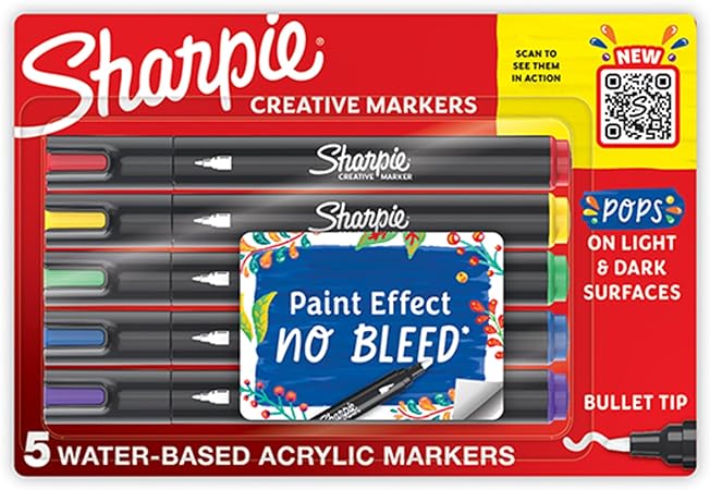 SHARPIE Creative Markers, Bullet Tip Art Markers, Water-Based Acrylic Markers, Paint Marker Set, Assorted Colors, 5 Count