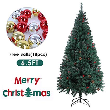 HEMBOR 6.5FT Artificial Christmas Tree，Premium Xmas Pine Tree with Hanging Ornaments，Portable Solid Metal Stand，Perfect for Indoor Outdoor Home Office Holiday Decoration