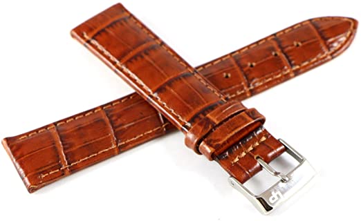 Lucien Piccard 20MM Alligator Grain Genuine Leather Watch Strap 7.5" Caramel Brown With Silver LP Buckle