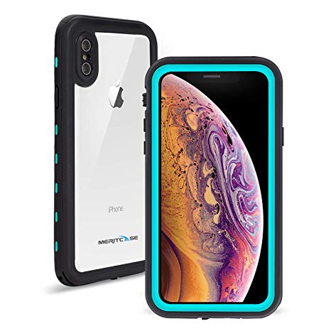 iPhone Xs/iPhone X Waterproof Case, Meritcase IP 68 Underwater Full Body Cover Dropproof Snowproof Dustproof Rugged Bumper Case Built-in Screen Protector iPhone X/Xs 5.8inch (Clear Blue)