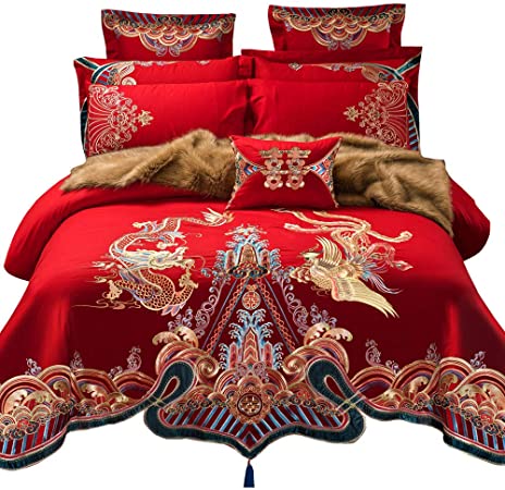 EsyDream Luxury Double Happiness Dragon and Phoenix Bird Embroidery Chinese Wedding Red Bedding Set King Queen Size 100% Cotton Embroider Red Wedding Duvet Bedlinen Sets(Color 1 Queen,6PC/Set)
