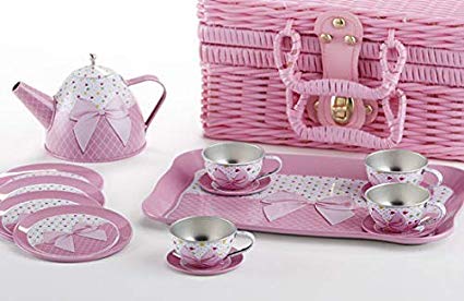 Delton Products Tin 15pc Tea Set in Basket , Pink Bow …
