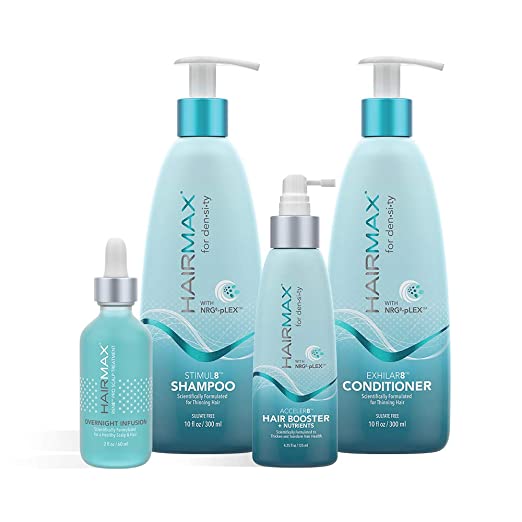 HAIRMAX for Density 4pc Bio-Active Hair Therapy System for Thinning Hair, Stimul8 Shampoo, Exhilar8 Conditioner, Acceler8 Hair Booster, RSN8 Pro Scalp Treatment