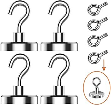 EVISWIY 100LBS Magnetic Hooks for Grill Tools Pot Holders Oven Mitts with 4 Eyebolt Hooks Magnetic Hanger for Cruise Cabins Refrigerator Lockers Outdoor 4 Pack Silver