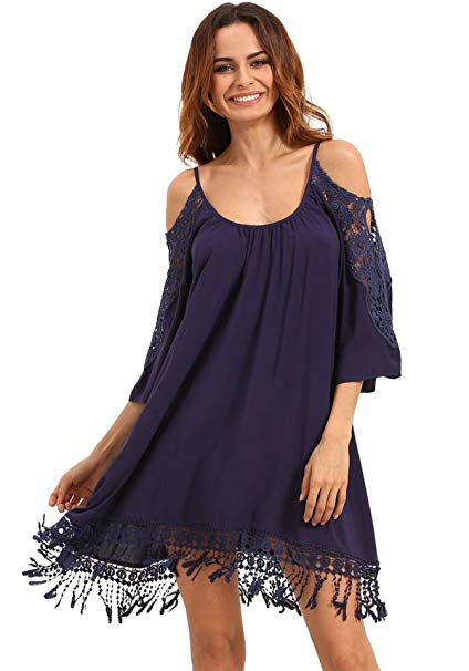 Milumia Women's Summer Cold Shoulder Crochet Lace Sleeve Loose Beach Dress