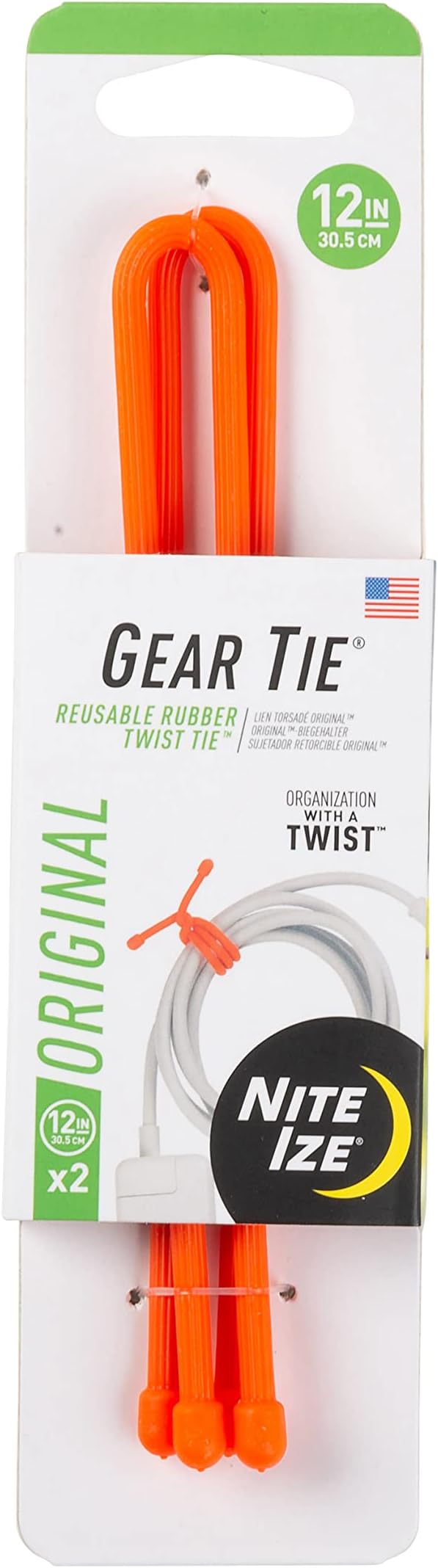 Nite Ize GT12-31-2R3 Original Gear, Reusable Rubber, 12 Inch, 2-Pack, Bright Orange, Made in The USA Twist Tie, 2 Count (Pack of 1)