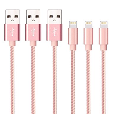 BULESK iPhone Cable 3Pack 3FT 6FT 10FT Nylon Braided Certified Lightning to USB iPhone Charger Cord for iPhone 7 Plus 6S 6 SE 5S 5C 5, iPad 2 3 4 Mini Air Pro, iPod - Rose