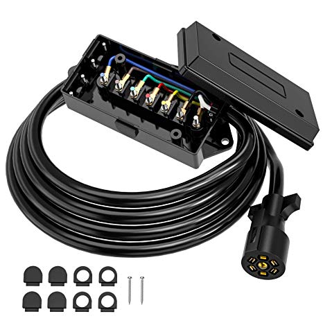 Kohree 7 Way Trailer Plug Cord with 7 Gang Waterproof Junction Box, Trailer Connector Cable Wiring Harness 8 FT for RV Truck Camper