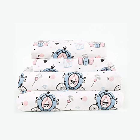 4-Piece Princess Sparks Queen Bed Sheet Set Microfiber Deep Pocket Bedding Fairy Wands Carriage, Pink and Blue