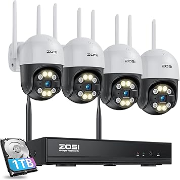 ZOSI 2K Wireless Security Camera System,4pcs 3MP Pan/Tilt Cameras Outdoor Indoor,Night Vision,Spotlight Siren,AI Human Detection,8CH 3MP WiFi Surveillance NVR with 1TB HDD for 24/7 Recording