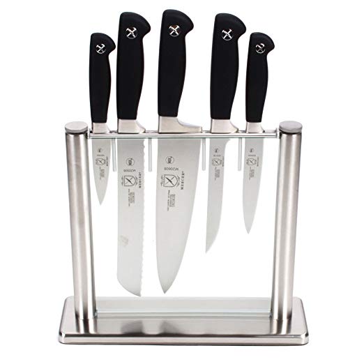 Mercer Culinary Genesis 6-Piece Stainless Steel Forged Knife Block Set in Tempered Glass Block, Black