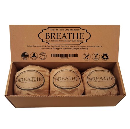 Breathe Bath Bomb Gift Set - Therapeutic Respiratory Blend - 3 Extra Large, 2 3/4 6.0 Oz. Fizzies by Natural Spa Bath