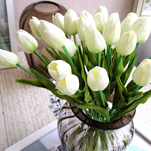 Supla 20 heads Artificial Flowers Real Touch Tulips in White Wedding Bouquets Flowers Fake Tulips PU Tulips Flowers Arrangement Bouquet Home Room Centerpiece Party Wedding Decor (vase not included)