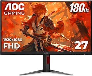 AOC C27G4H 27" Curved Gaming Monitor, FHD 1080p, 180Hz, AMD FreeSync, 3-Year Zero Dead Pixel Guarantee, Black, Xbox PS5 Switch Compatible