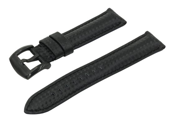 22mm Black Carbon Fiber Grain Padded Italian Calfskin Leather Watch Band With Brushed Black Buckle