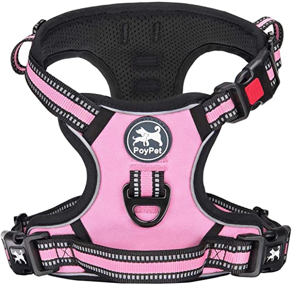 PoyPet No Pull Dog Harness, [Release on Neck] Reflective Adjustable No Choke Pet Vest with Front & Back 2 Leash Attachments, Soft Control Training Handle for Small Medium Large Dogs(Light Pink,XS)