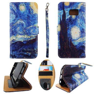 For Samsung Galaxy S7 Wallet Flip Case Starry Night Art Premium Synthetic Leather ID Pouch Credit Card Cash Holder Folding Light Cover Kickstand Sheild Protector Slim Case
