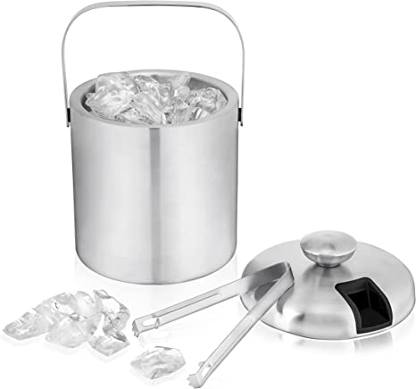 True Stainless Steel Ice Bucket with Tongs, Double Walled Insulated Bar Essential with Built-In Tong Holder Lid