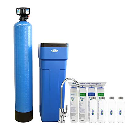 Tier1 Compatible 48,000 Grain Capacity Water Softener   4-Stage Ultra-Filtration Hollow Fiber Drinking Water Filter System and 4 Glass Water Bottles