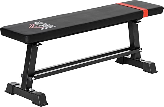 HOMCOM Banc Plat de Musculation Fitness avec Rack de Rangement d'haltères et Cadre en Acier - dim. 118L x 36l x 44H cm