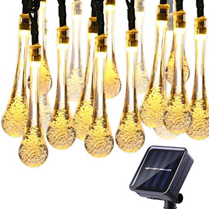 Qedertek Solar String Lights, 19.2 Ft 8 Modes 30 Water Drop LED, Led Fairy Lighting for Garden Decorations, Fence, Patio, Xmas, Wedding, Party and Holiday (Warm White)