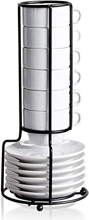 White Stackable Espresso Cups and Saucers – Coffee Cups & Saucers with Matte Rack for Easy Kitchen Organizing | Perfect for Serving Coffee Drinks, Latte, Café Mocha, and Tea Cups | Set of 6
