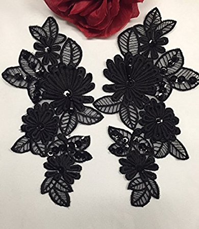 2 Pairs, Gorgeous 3D floral applique pair ,Beaded,Sequined,Full stich quality, Black, 8.5" x 4"