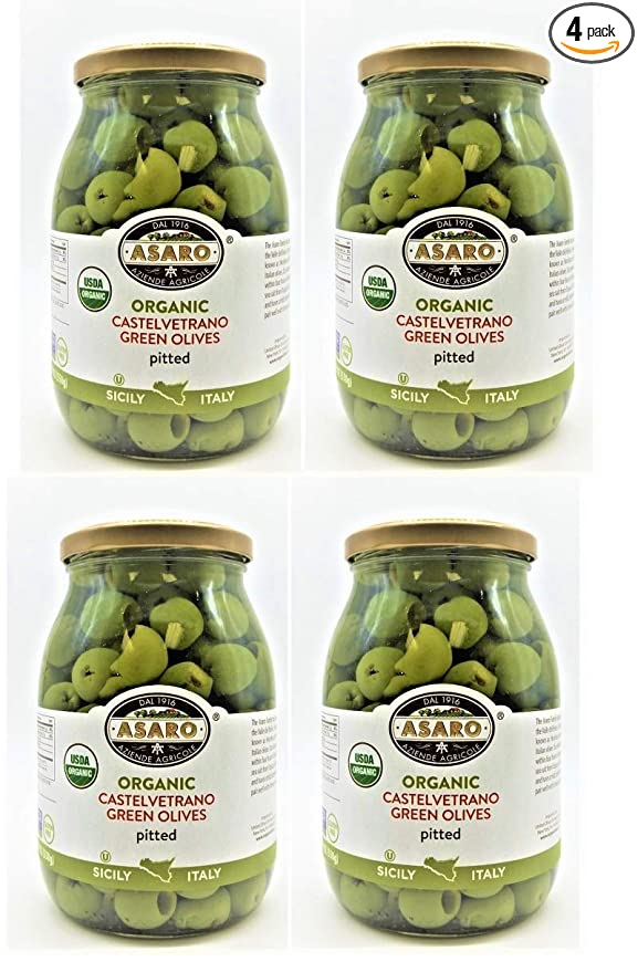 ASARO Organic Castelvetrano Green Pitted Olive Pack of 4 Jars - 36 Fl.Oz. DR WT 16 Oz.z/550 gm. each