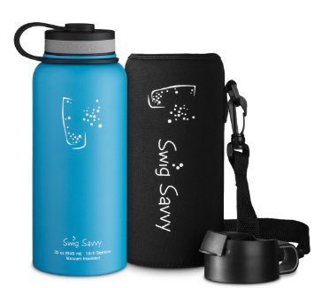 Swig Savvys Stainless Steel Insulated Water Bottle Wide Mouth 32 Oz Capacity Double Wall Design for Hot and Cold Beverages Incloueds Pouch and Coffee Lid