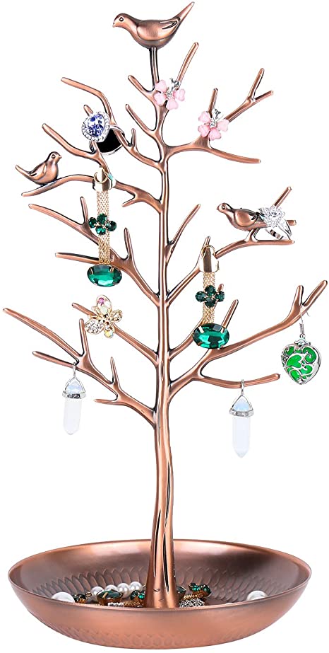 Jewellery Stand,Meshela Antique Vintage Birds Tree Branch Earring Necklace Holders Organiser Rack Tower（Bronze）