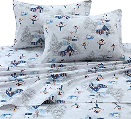 Tribeca Living SNMANSHEETQUNR Snowman Printed Flannel Deep Pocket Sheet Set, Queen, Navy/Red